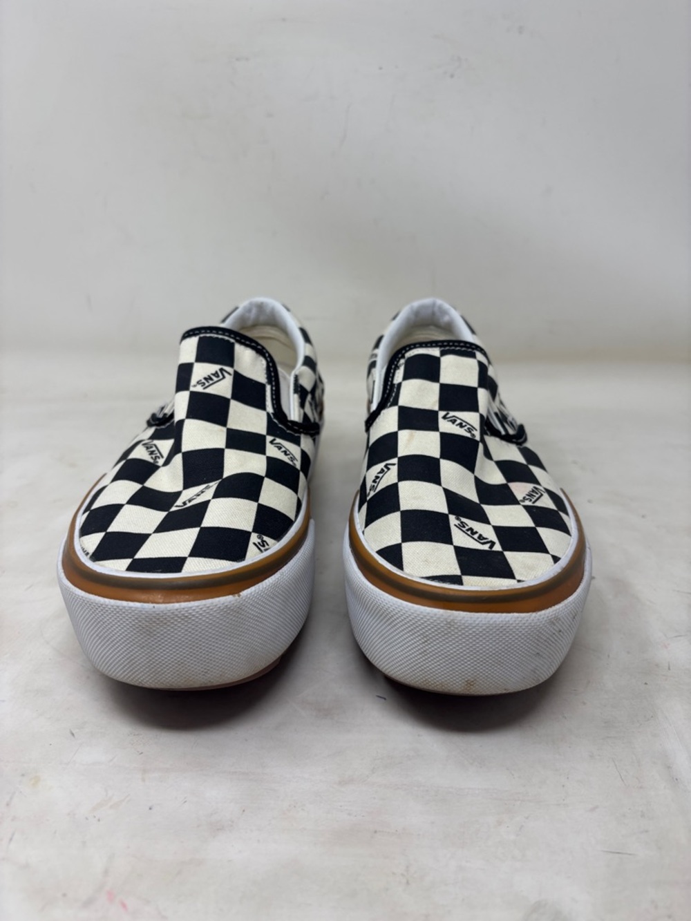 Vans Checkerboard Platform Slip-On Sneakers - Black, White & Brown Trim - Picture 4 of 9